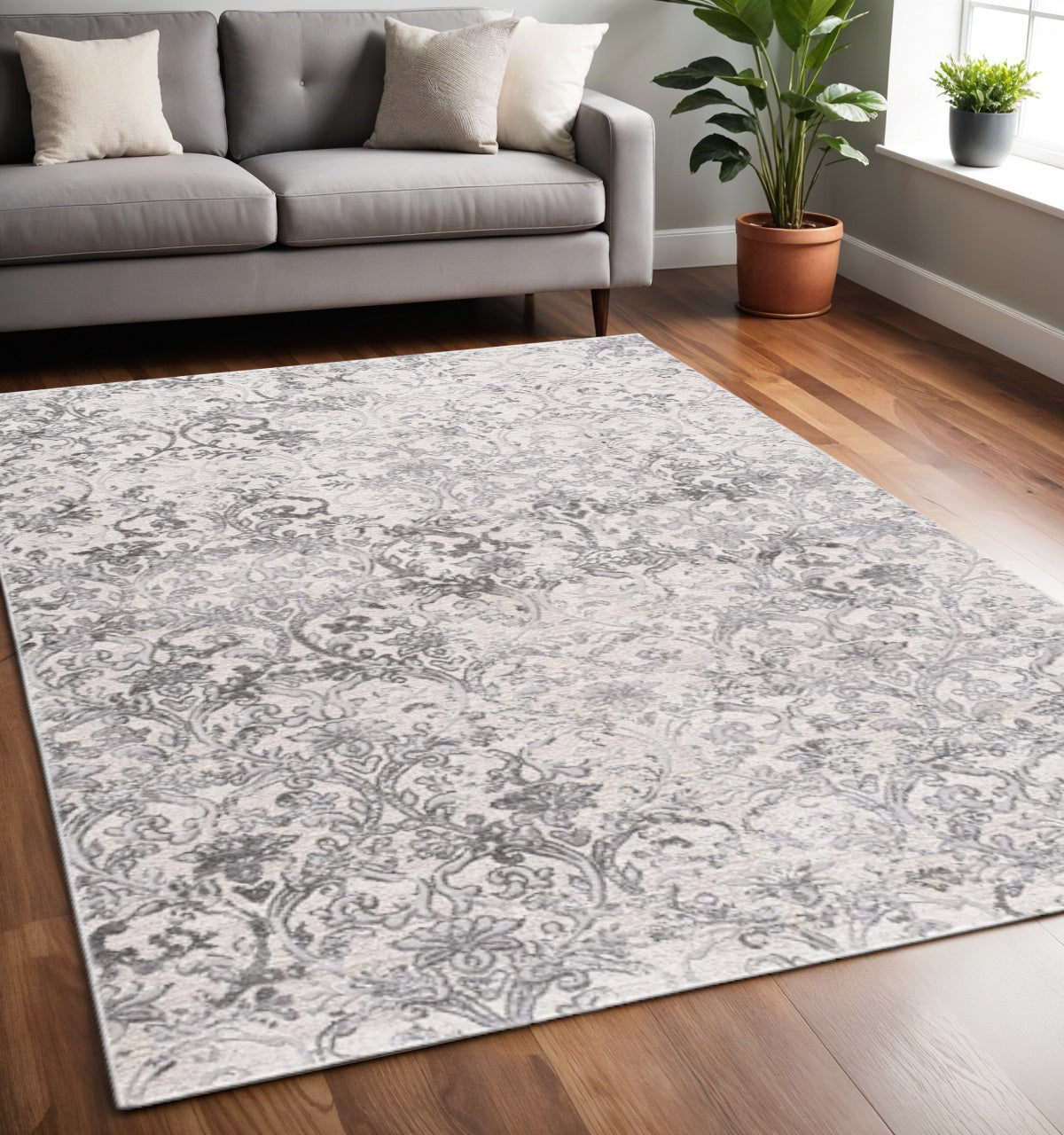 4' X 6' Gray and Ivory Toile Power Loom Area Rug-Area Rugs-DECOROLALA