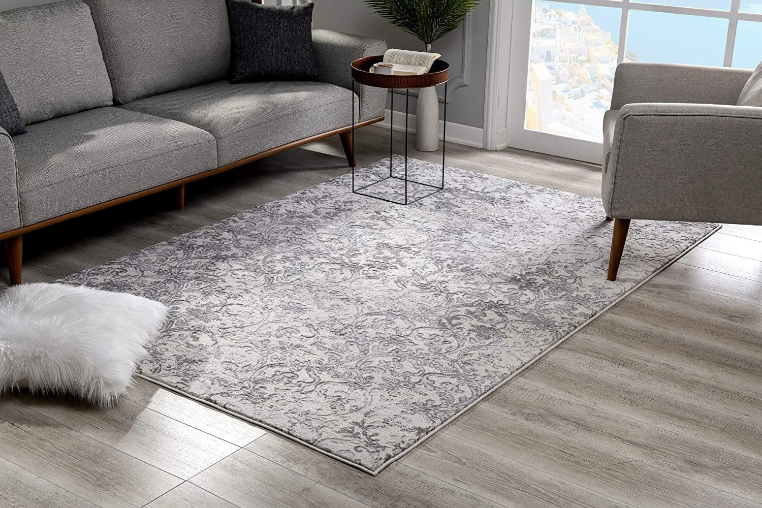 4' X 6' Gray and Ivory Toile Power Loom Area Rug-Area Rugs-DECOROLALA