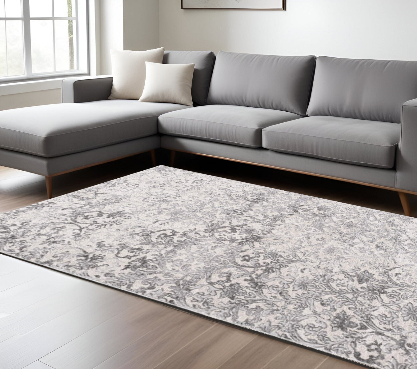 4' X 6' Gray and Ivory Toile Power Loom Area Rug-Area Rugs-DECOROLALA