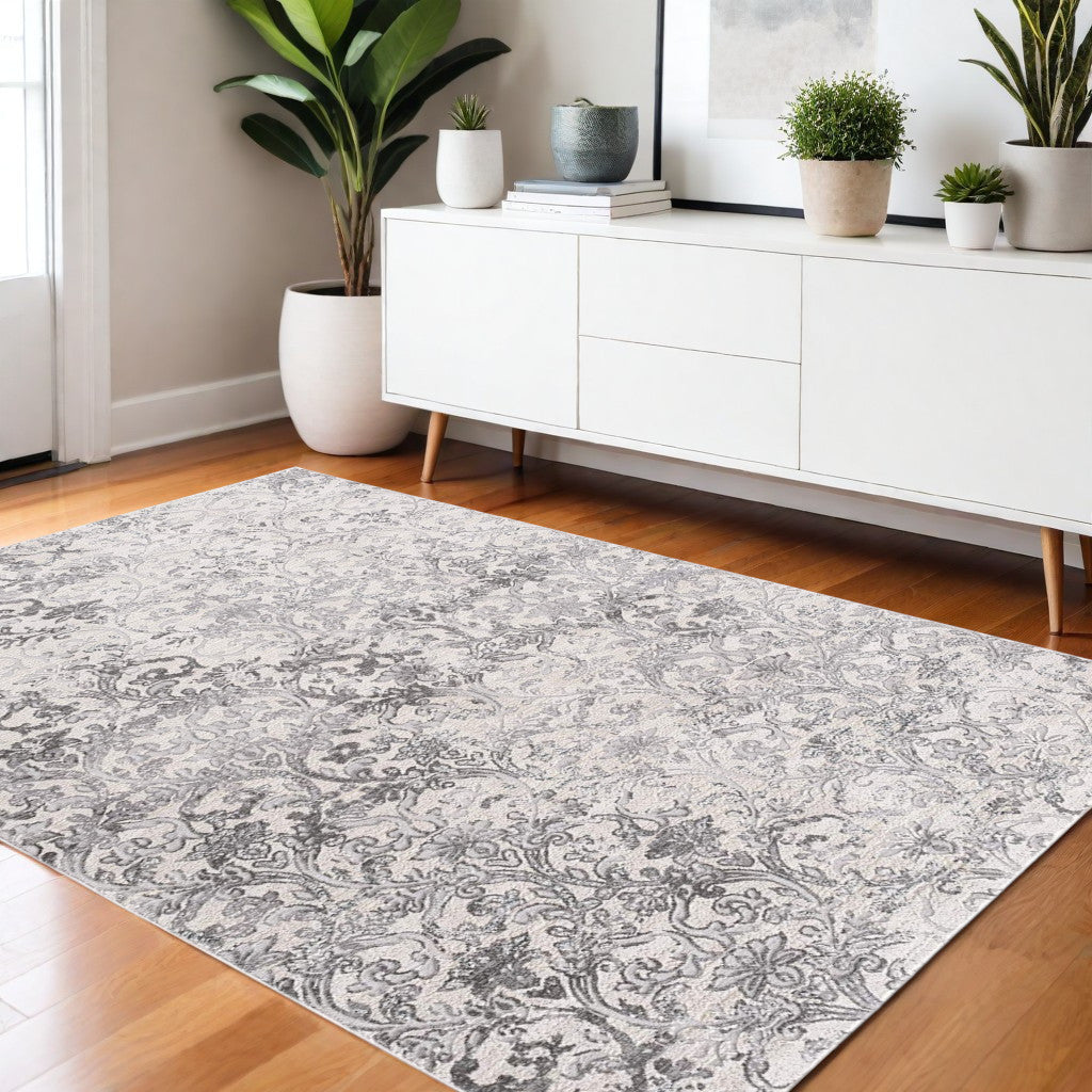 4' X 6' Gray and Ivory Toile Power Loom Area Rug-Area Rugs-DECOROLALA