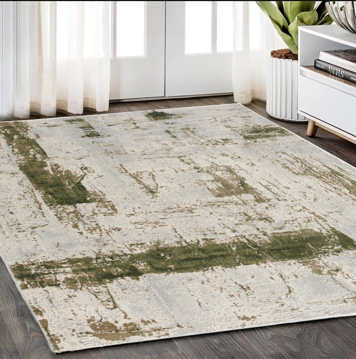 4' X 6' Green Abstract Dhurrie Area Rug-Area Rugs-DECOROLALA