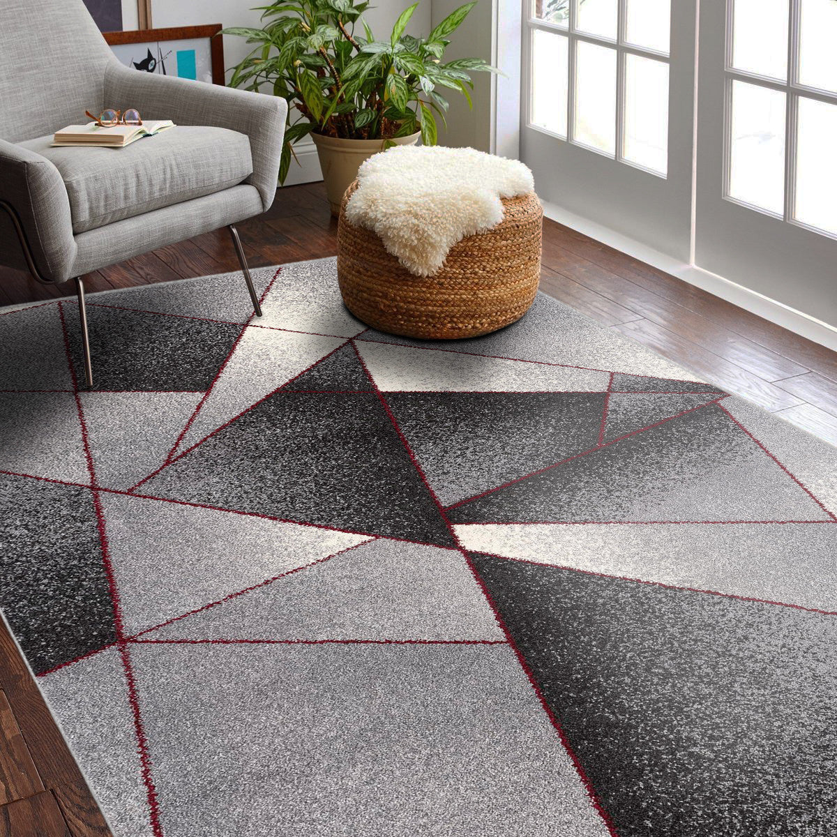 4' X 6' Grey Red Geometric Area Rug-Area Rugs-DECOROLALA