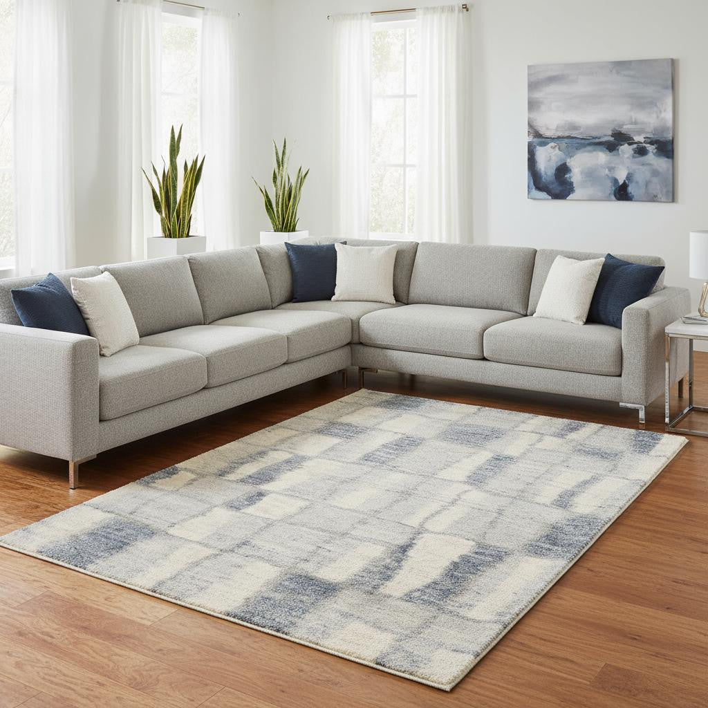 4' X 6' Ivory And Blue Abstract Geometric Distressed Area Rug-Area Rugs-DECOROLALA