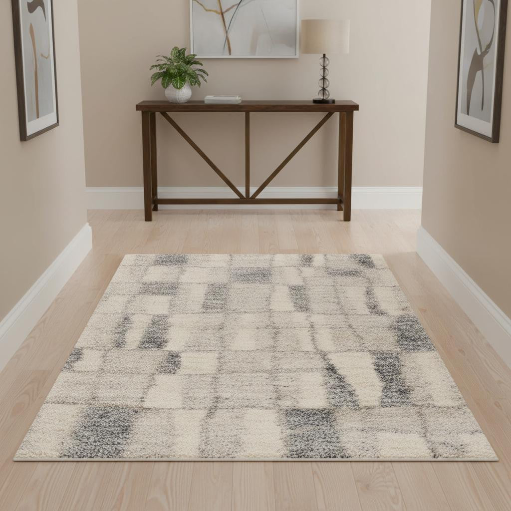 4' X 6' Ivory And Blue Abstract Geometric Distressed Area Rug-Area Rugs-DECOROLALA