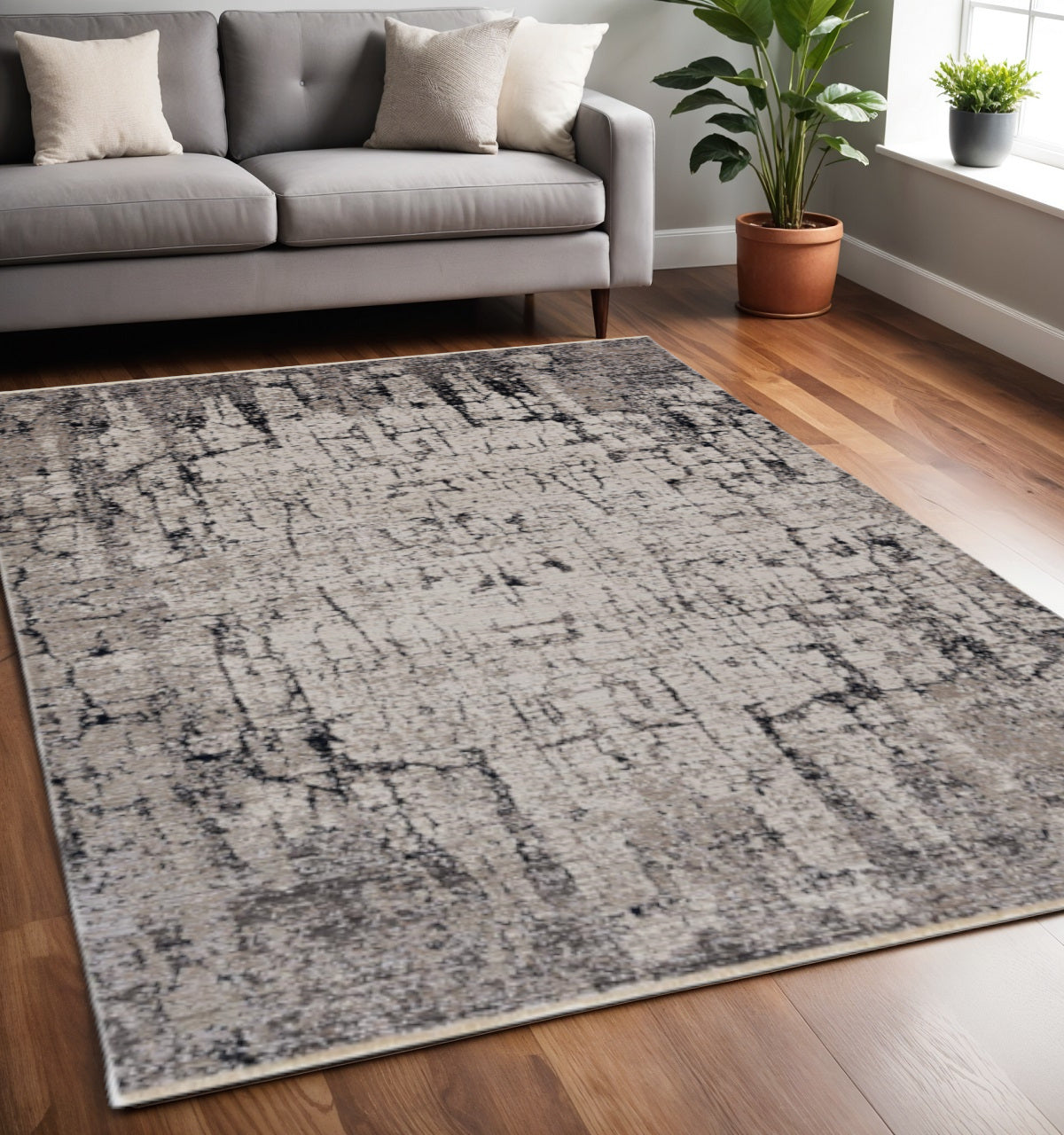4' X 6' Ivory And Gray Abstract Distressed Area Rug-Area Rugs-DECOROLALA