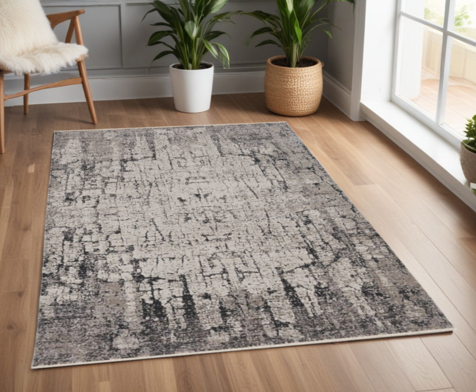4' X 6' Ivory And Gray Abstract Distressed Area Rug-Area Rugs-DECOROLALA