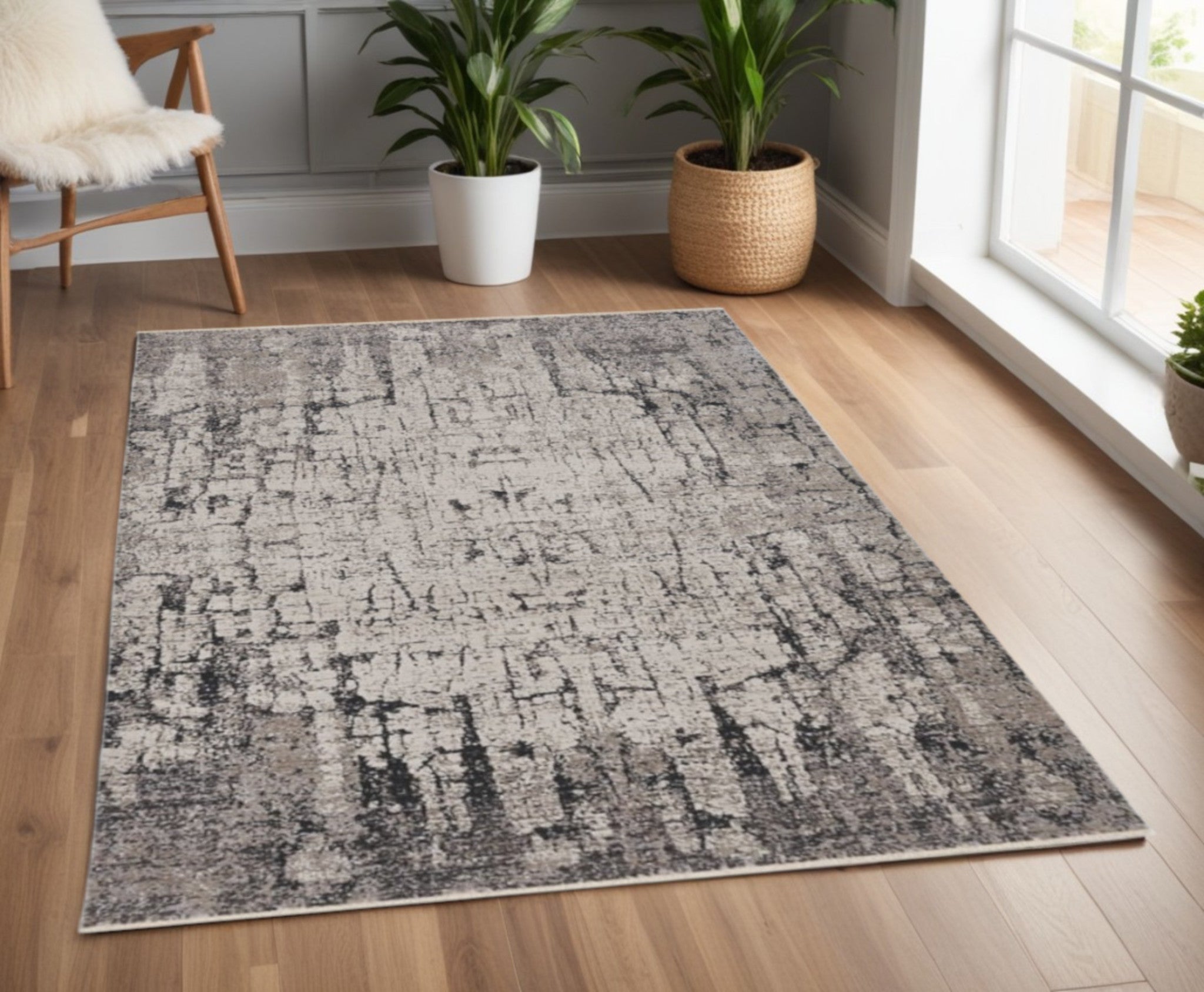 4' X 6' Ivory And Gray Abstract Distressed Area Rug-Area Rugs-DECOROLALA