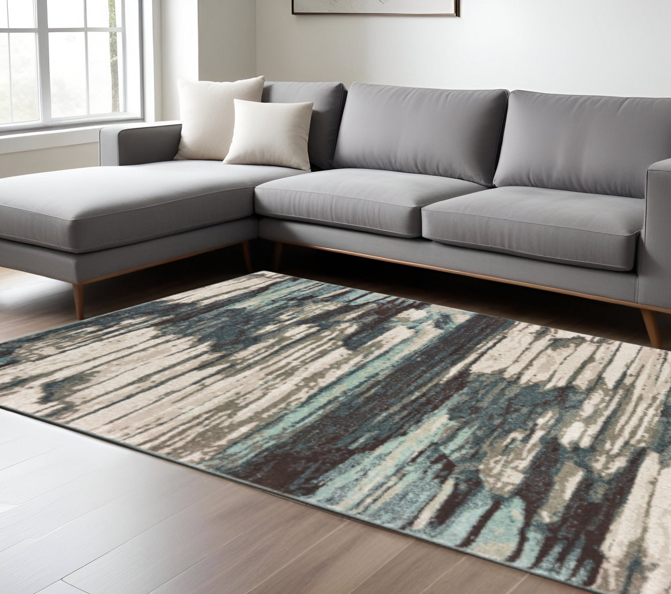 4' X 6' Ivory Blue And Gray Abstract Area Rug-Area Rugs-DECOROLALA