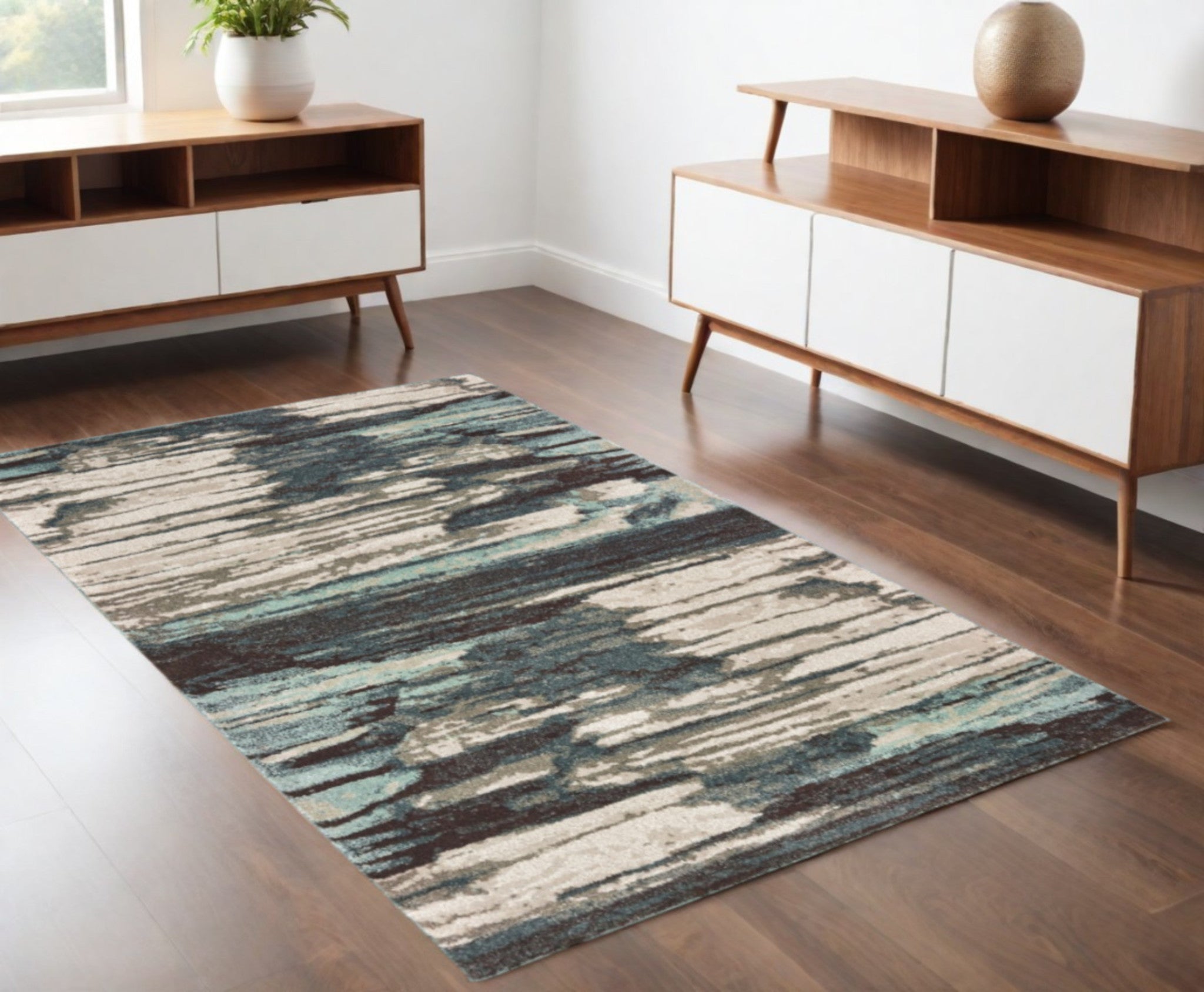 4' X 6' Ivory Blue And Gray Abstract Area Rug-Area Rugs-DECOROLALA