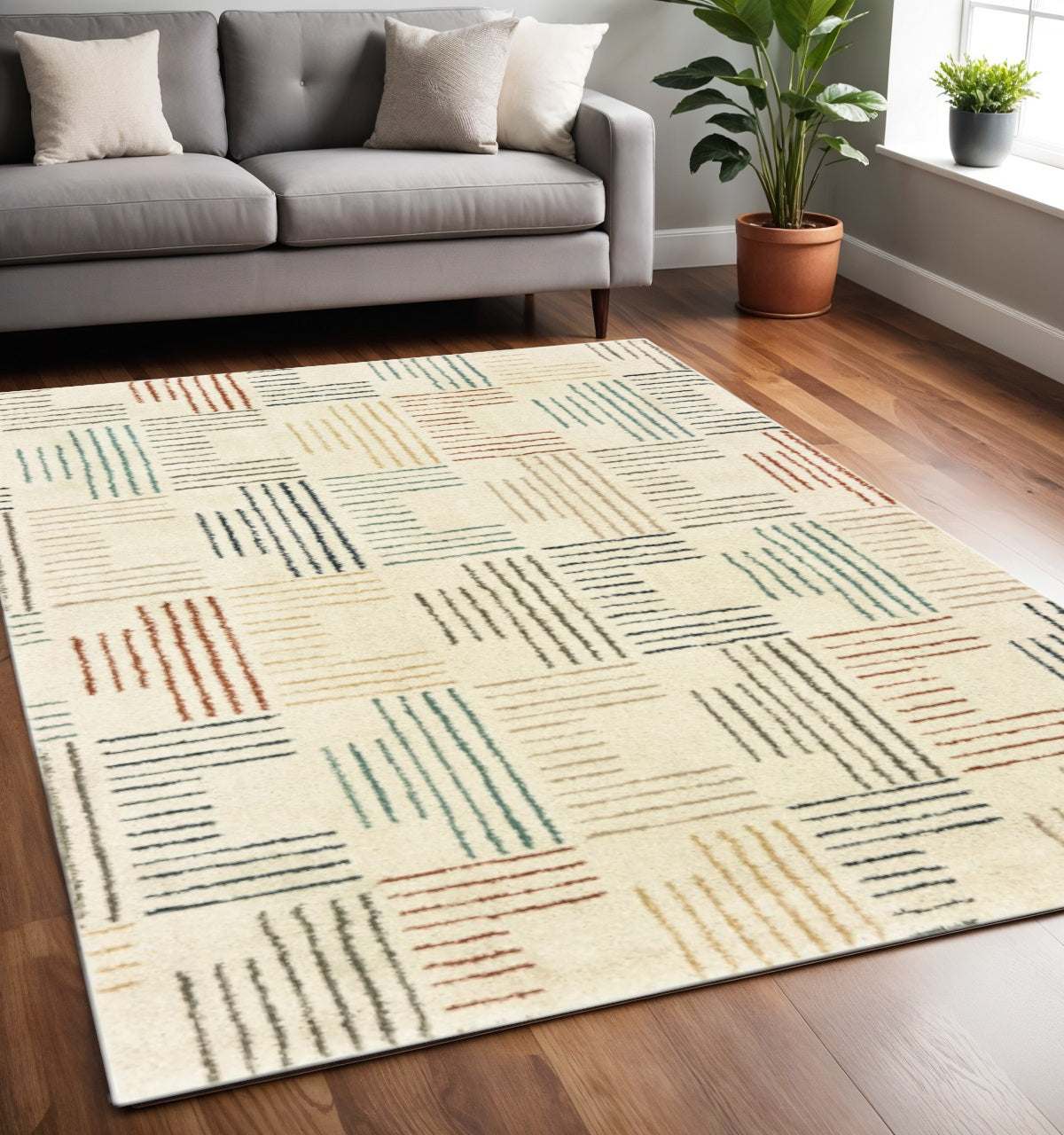 4' X 6' Ivory Blue And Red Geometric Area Rug-Area Rugs-DECOROLALA