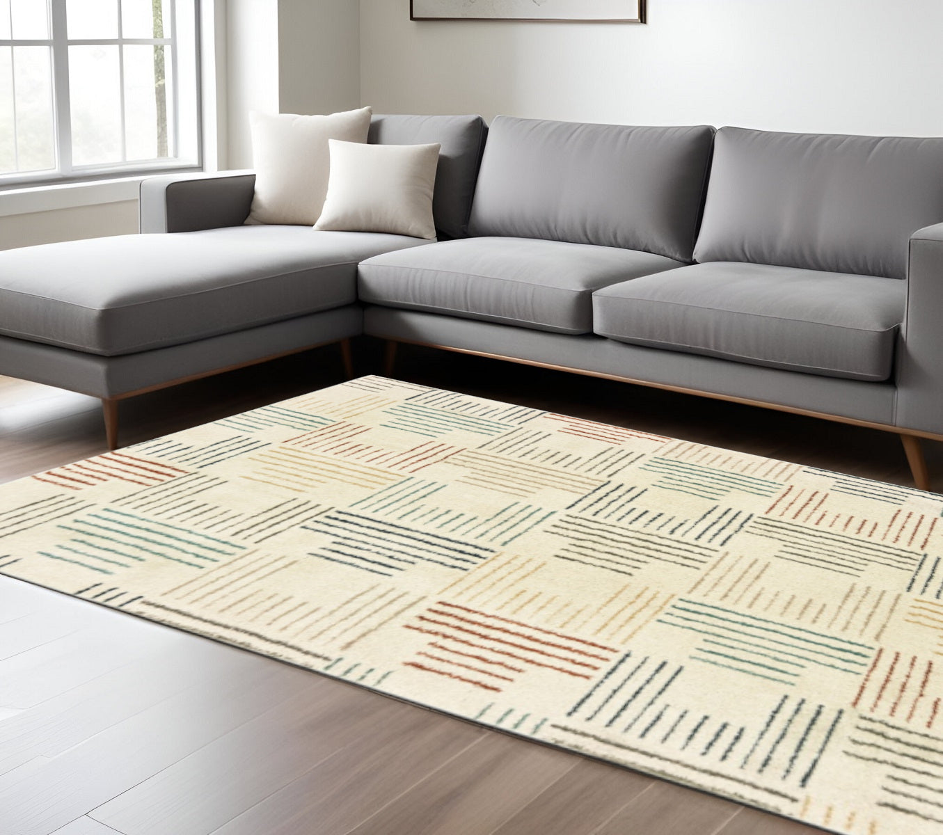 4' X 6' Ivory Blue And Red Geometric Area Rug-Area Rugs-DECOROLALA