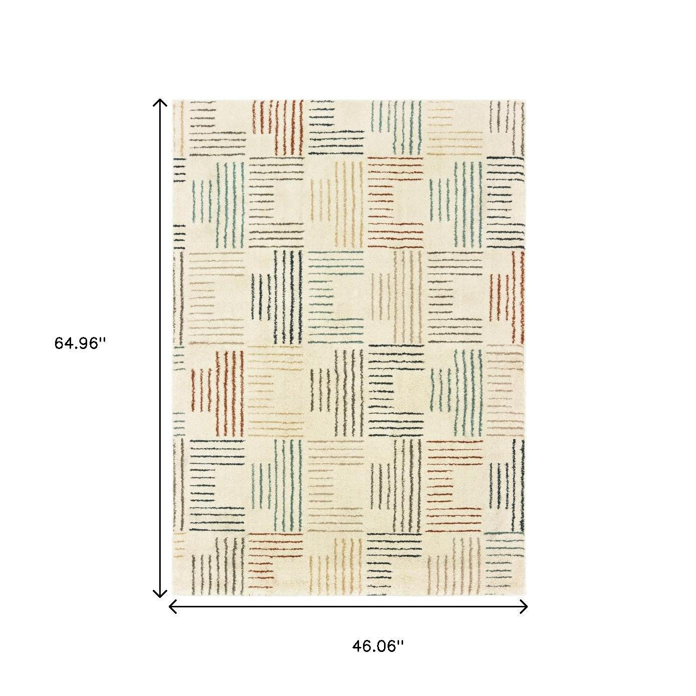 4' X 6' Ivory Blue And Red Geometric Area Rug-Area Rugs-DECOROLALA
