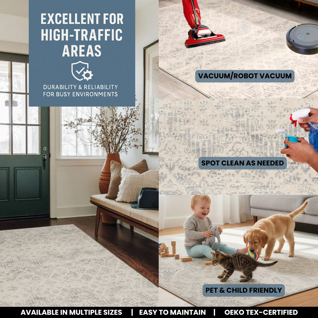 4' X 6' Ivory Distressed Ikat Pattern Area Rug-Area Rugs-DECOROLALA