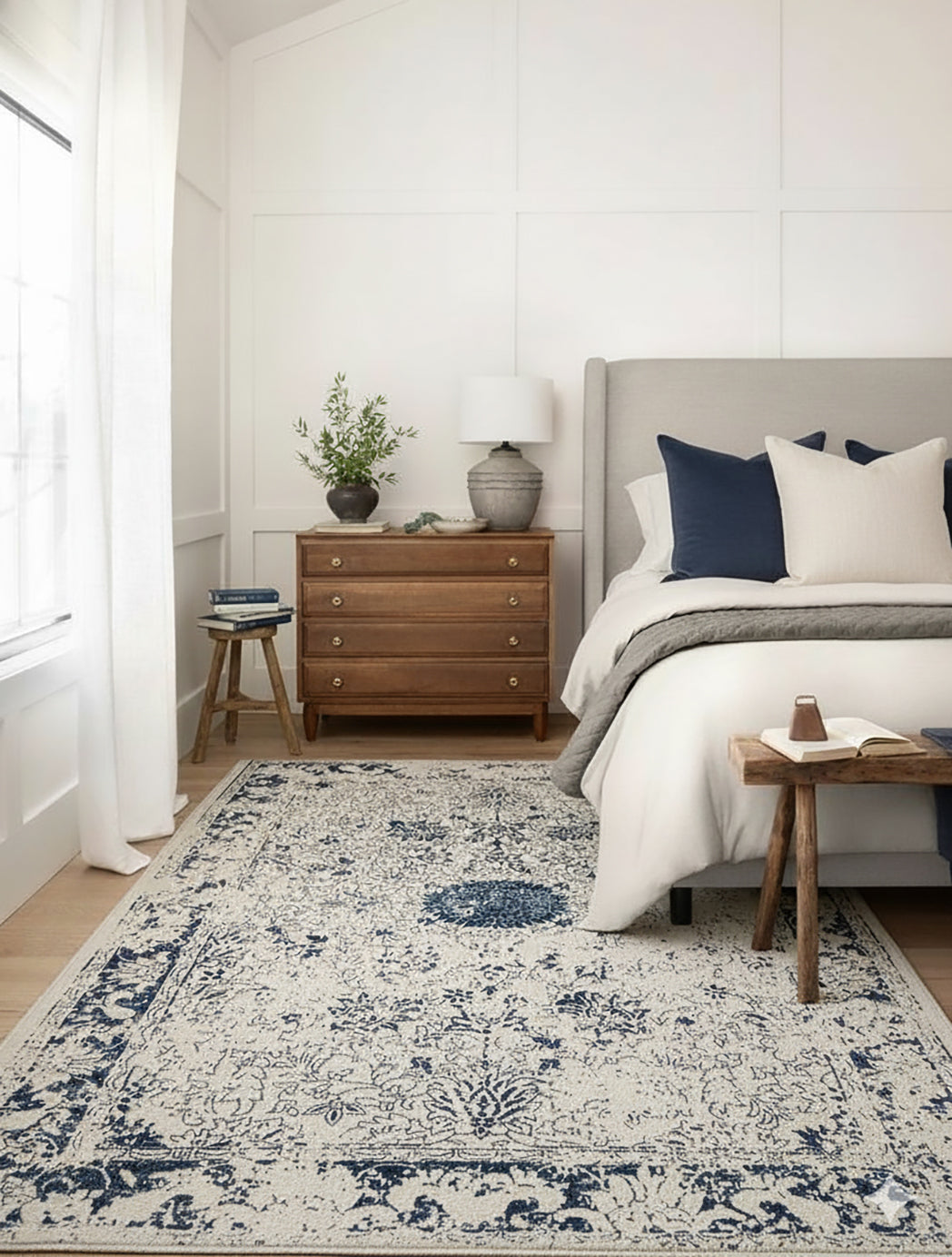 4' X 6' Navy Blue Distressed Floral Area Rug-Area Rugs-DECOROLALA