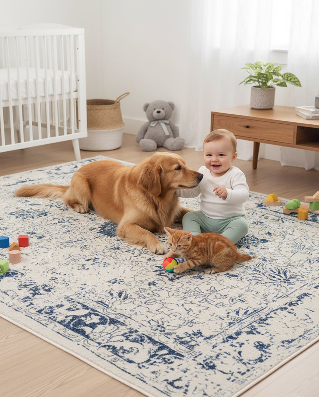 4' X 6' Navy Blue Distressed Floral Area Rug-Area Rugs-DECOROLALA