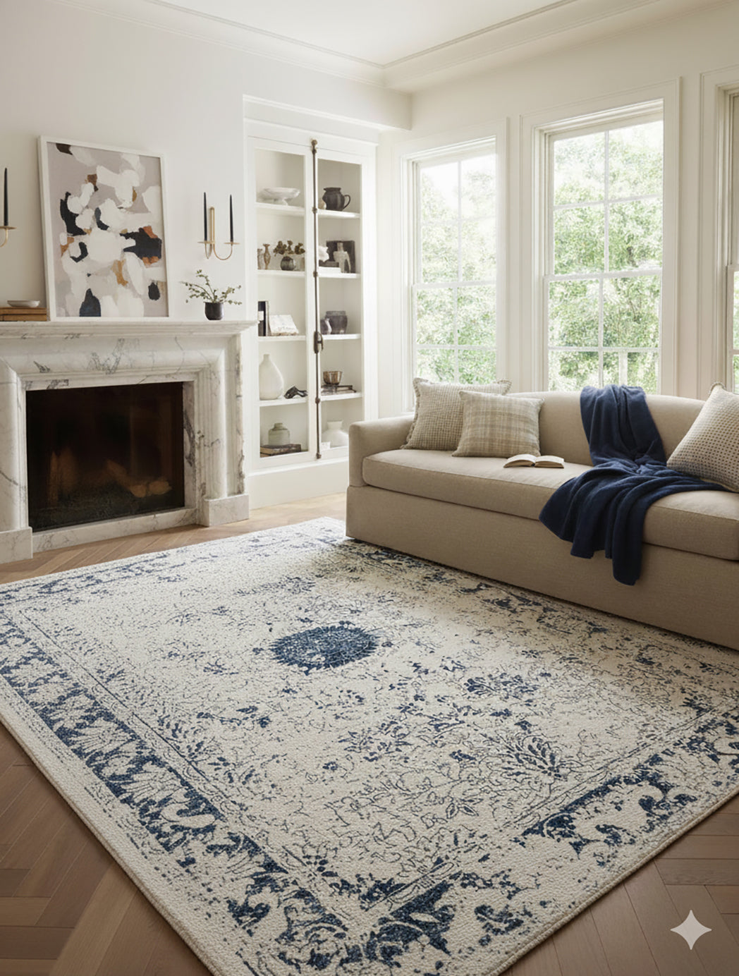 4' X 6' Navy Blue Distressed Floral Area Rug-Area Rugs-DECOROLALA