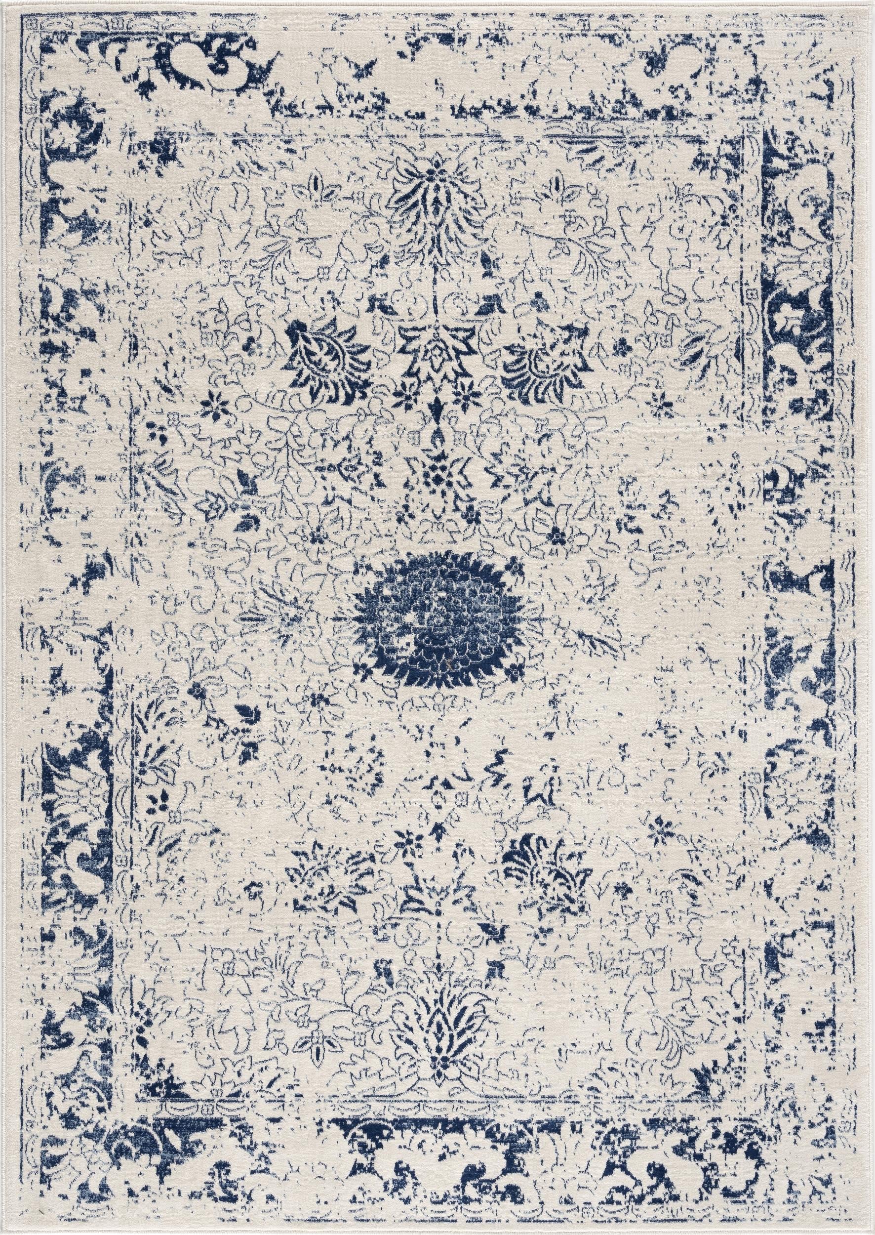 4' X 6' Navy Blue Distressed Floral Area Rug-Area Rugs-DECOROLALA