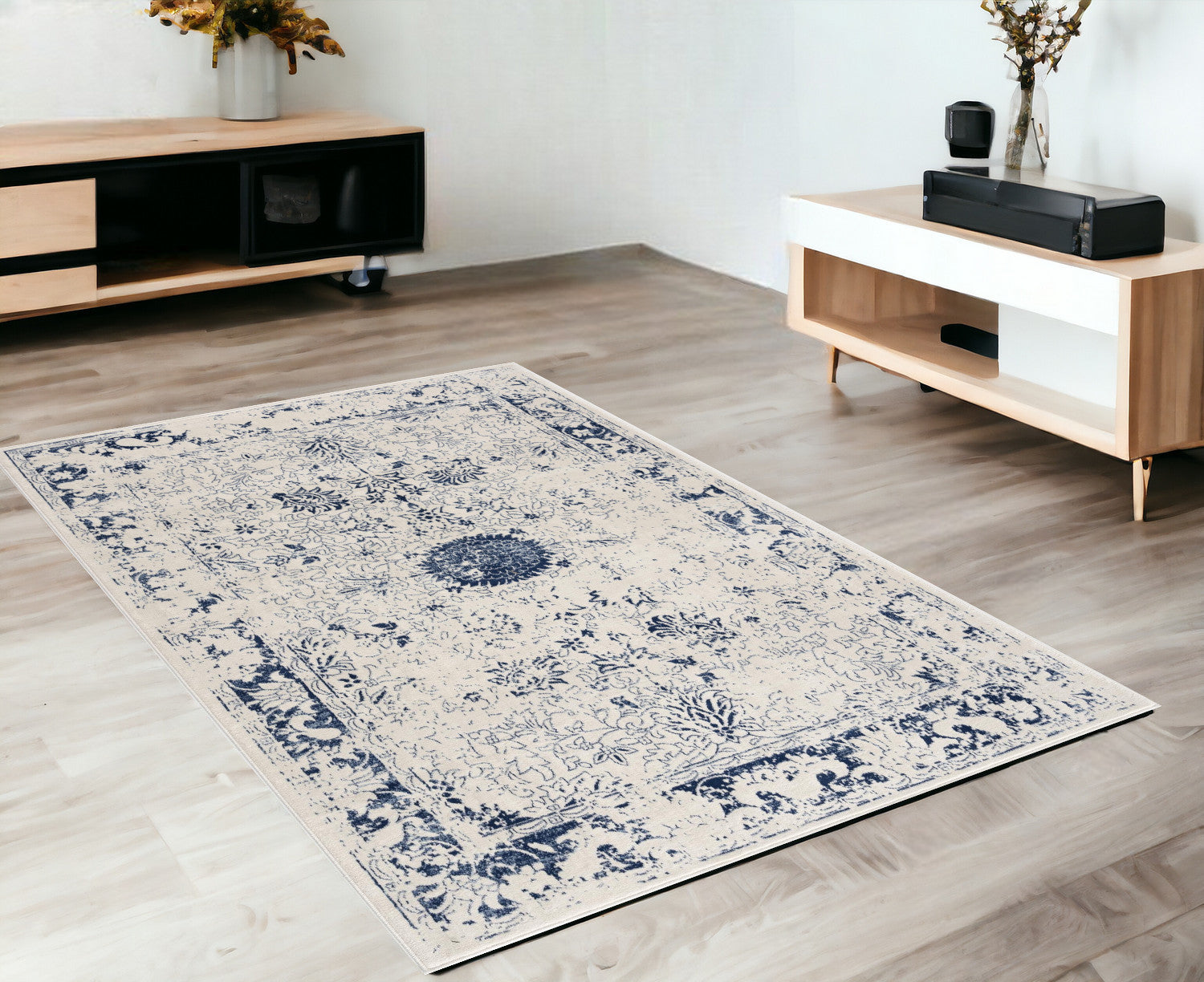 4' X 6' Navy Blue Distressed Floral Area Rug-Area Rugs-DECOROLALA