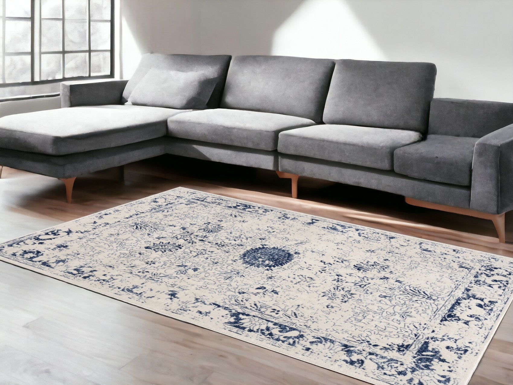 4' X 6' Navy Blue Distressed Floral Area Rug-Area Rugs-DECOROLALA