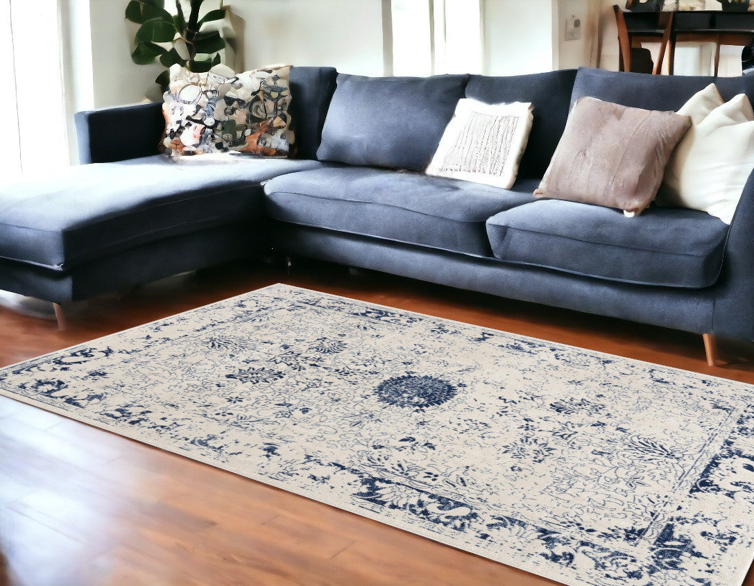 4' X 6' Navy Blue Distressed Floral Area Rug-Area Rugs-DECOROLALA