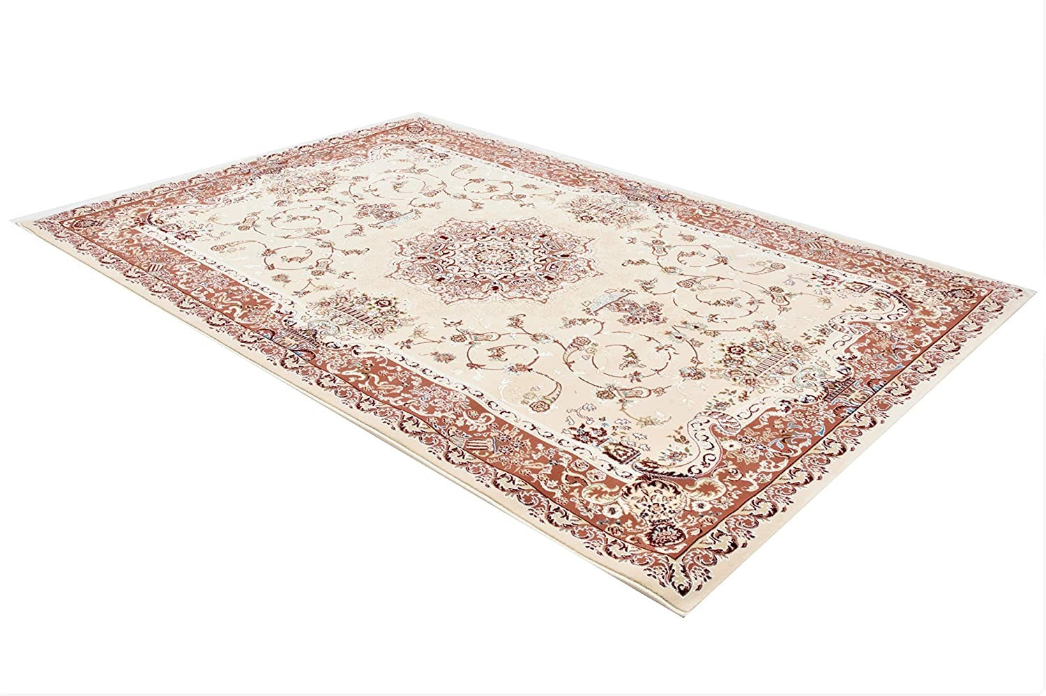 4' X 6' Orange and Ivory Oriental Power Loom Area Rug-Area Rugs-DECOROLALA