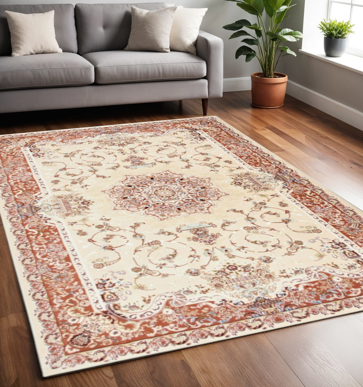 4' X 6' Orange and Ivory Oriental Power Loom Area Rug-Area Rugs-DECOROLALA