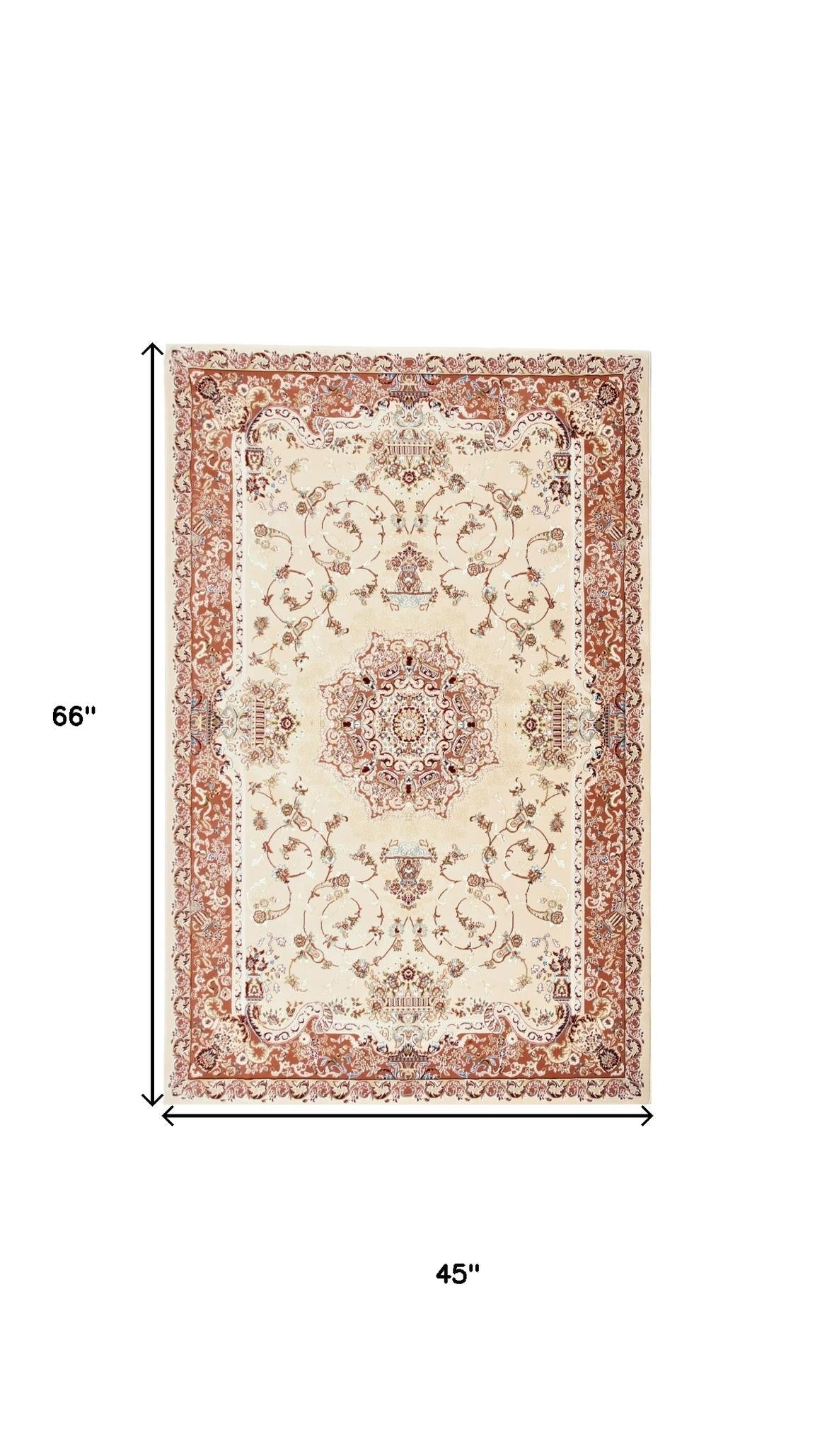 4' X 6' Orange and Ivory Oriental Power Loom Area Rug-Area Rugs-DECOROLALA