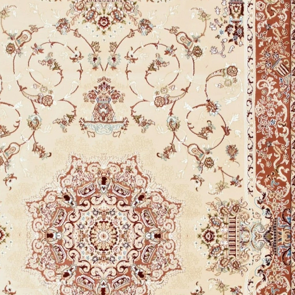 4' X 6' Orange and Ivory Oriental Power Loom Area Rug-Area Rugs-DECOROLALA
