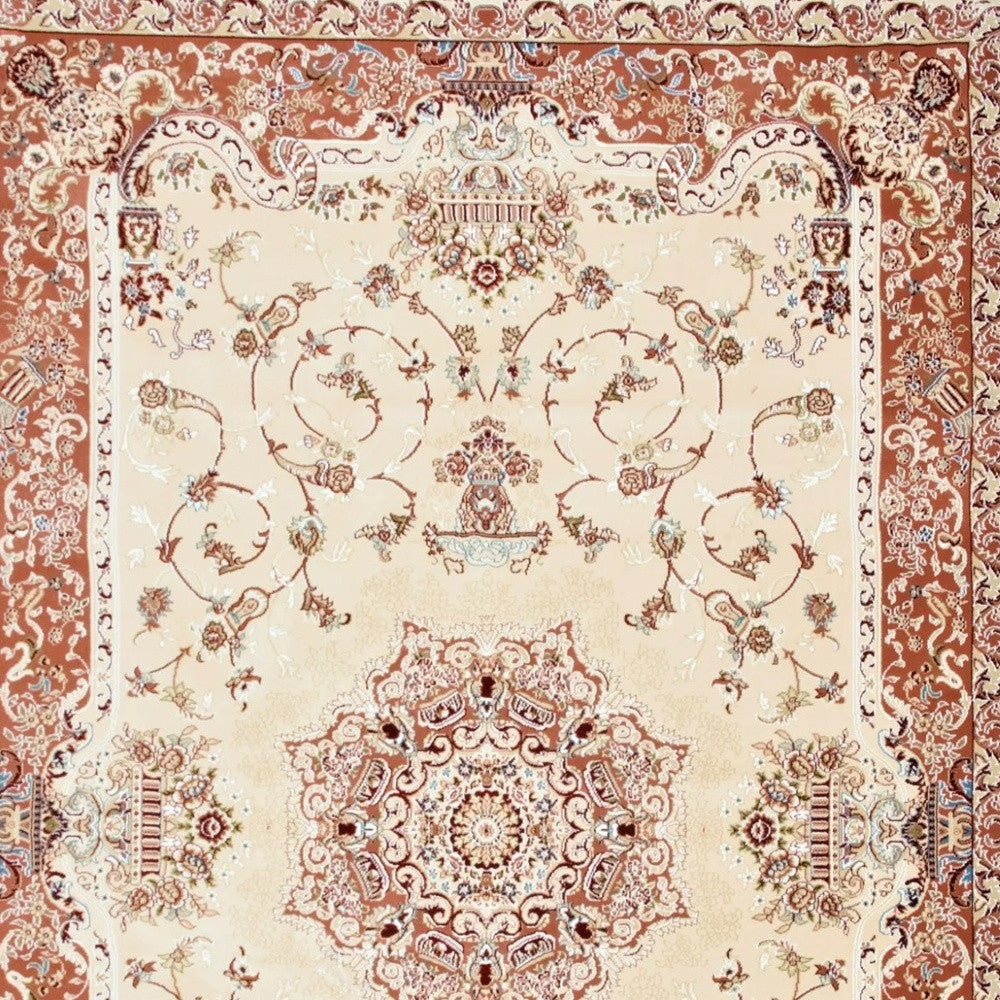 4' X 6' Orange and Ivory Oriental Power Loom Area Rug-Area Rugs-DECOROLALA