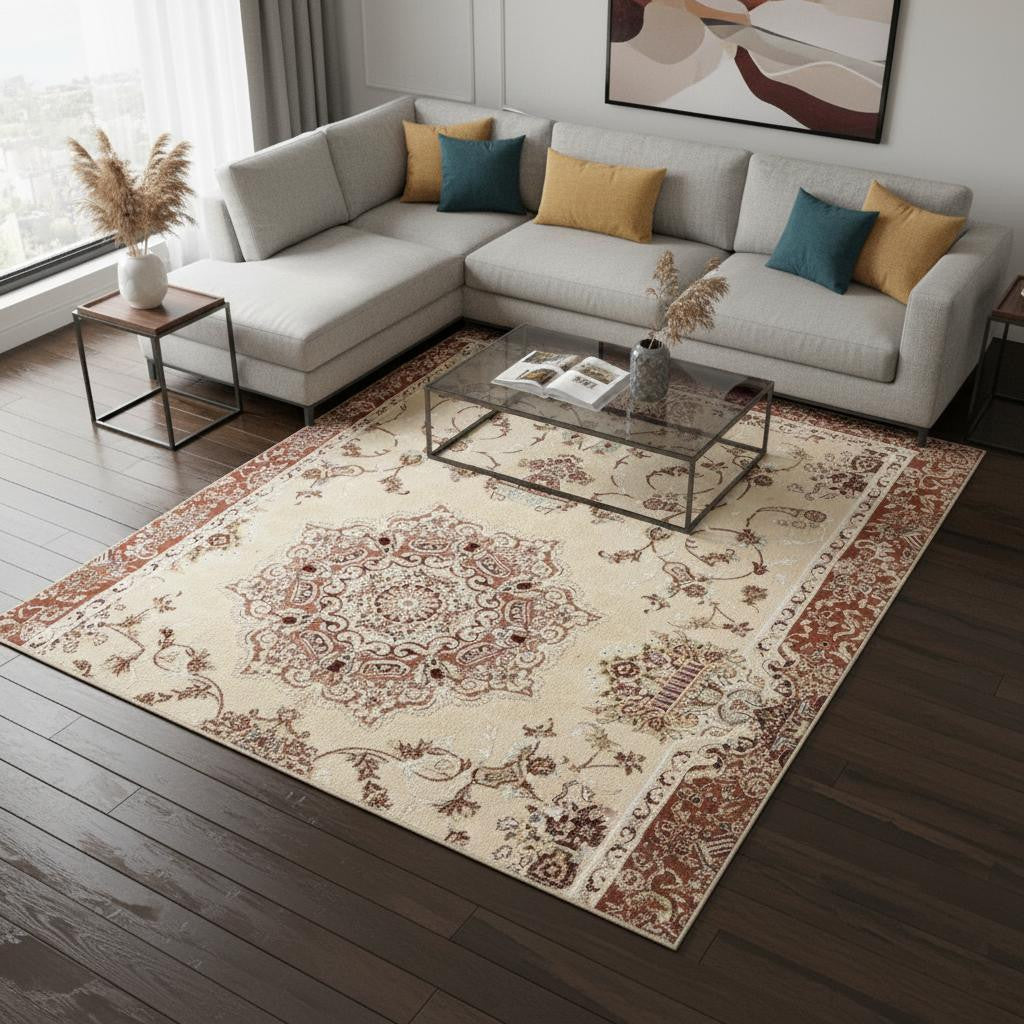 4' X 6' Orange and Ivory Oriental Power Loom Area Rug-Area Rugs-DECOROLALA