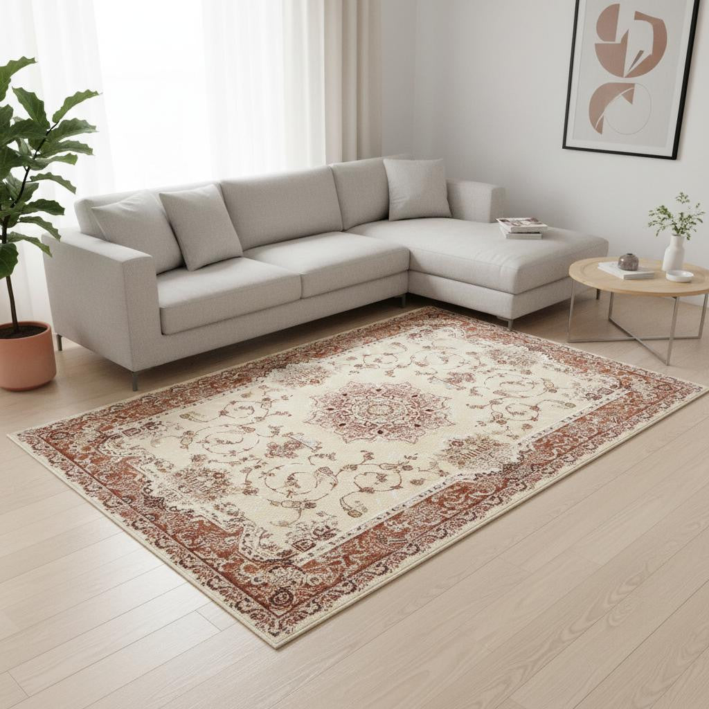 4' X 6' Orange and Ivory Oriental Power Loom Area Rug-Area Rugs-DECOROLALA