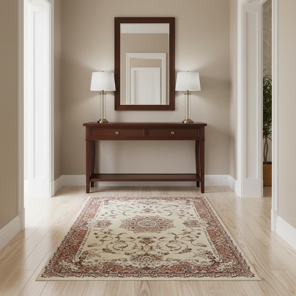 4' X 6' Orange and Ivory Oriental Power Loom Area Rug-Area Rugs-DECOROLALA