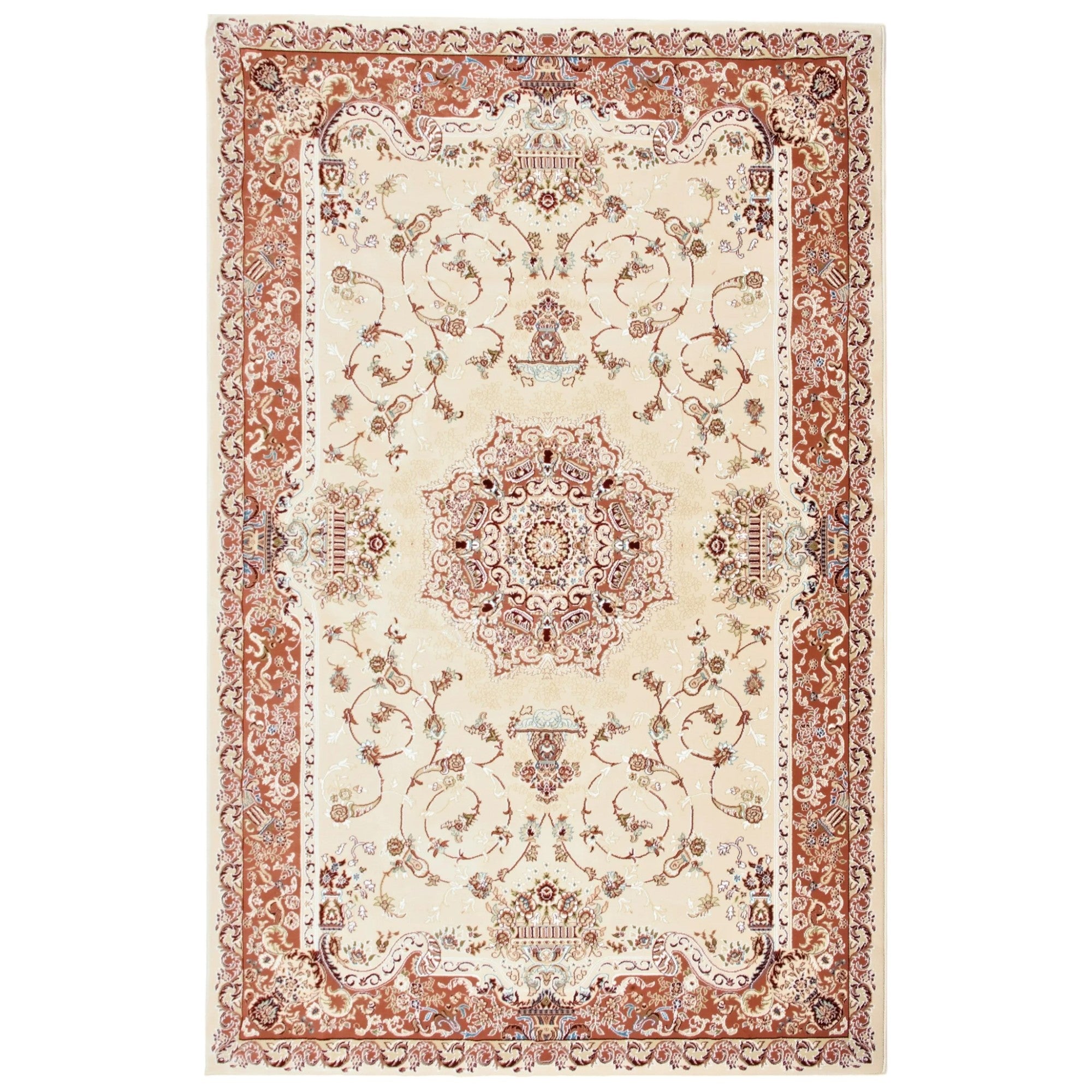 4' X 6' Orange and Ivory Oriental Power Loom Area Rug-Area Rugs-DECOROLALA