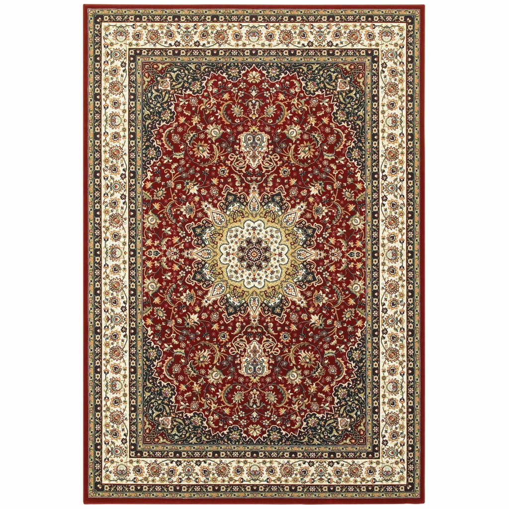 4' X 6' Red And Ivory Floral Medallion Area Rug-Area Rugs-DECOROLALA