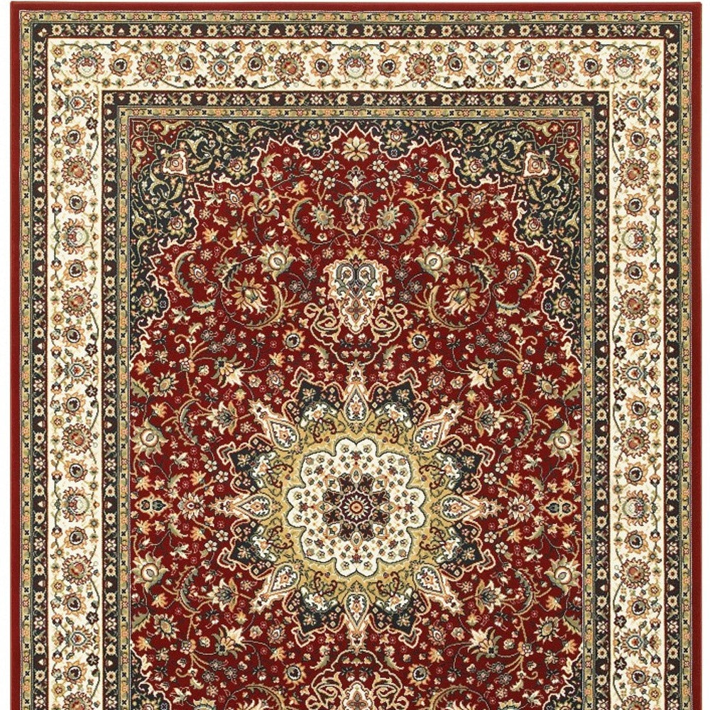 4' X 6' Red And Ivory Floral Medallion Area Rug-Area Rugs-DECOROLALA
