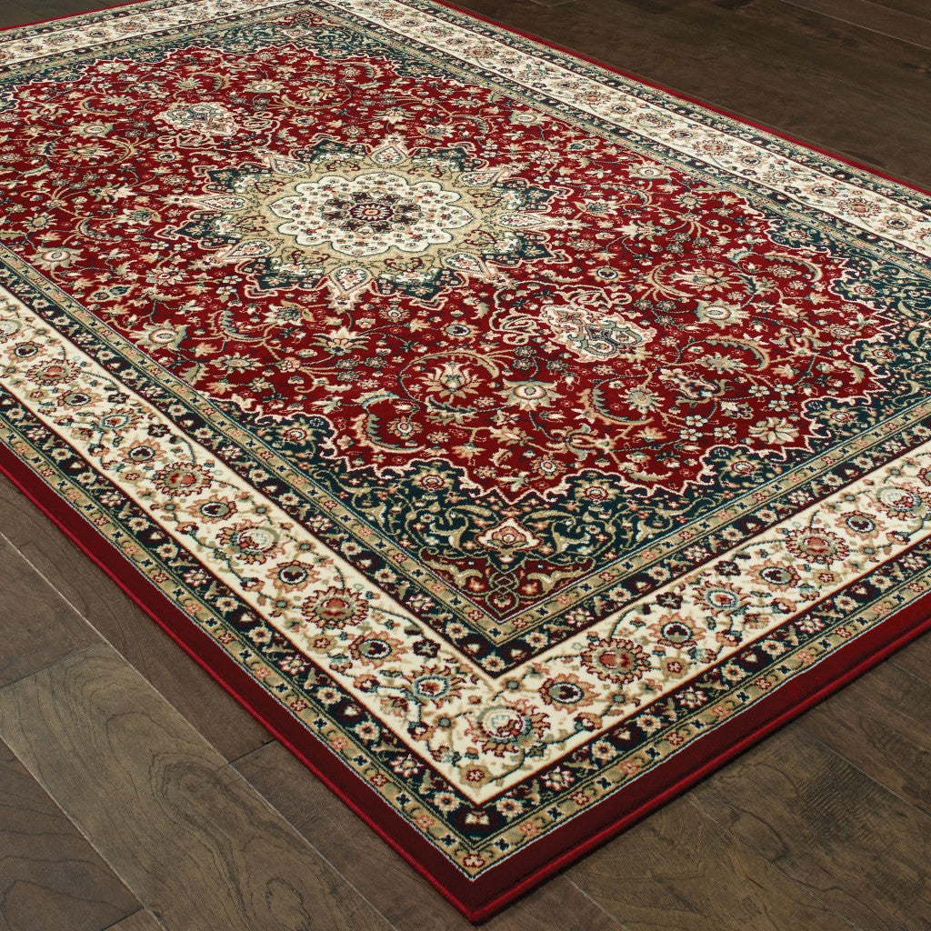 4' X 6' Red And Ivory Floral Medallion Area Rug-Area Rugs-DECOROLALA