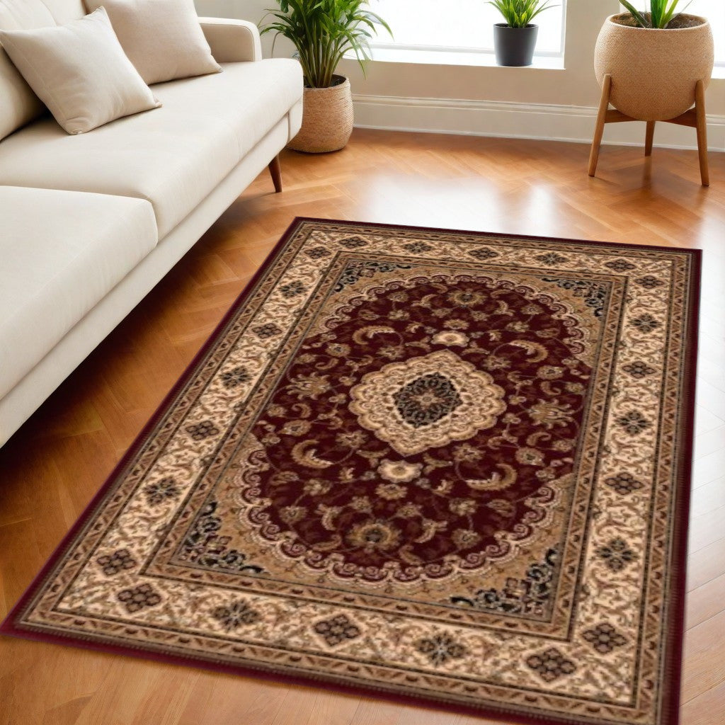 4' X 6' Red and Beige Floral Medallion Power Loom Area Rug-Area Rugs-DECOROLALA