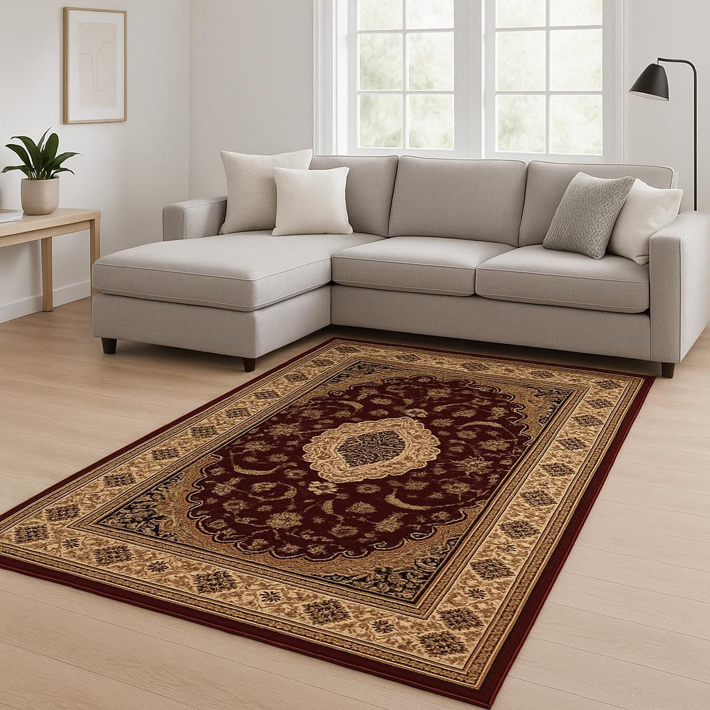 4' X 6' Red and Beige Floral Medallion Power Loom Area Rug-Area Rugs-DECOROLALA