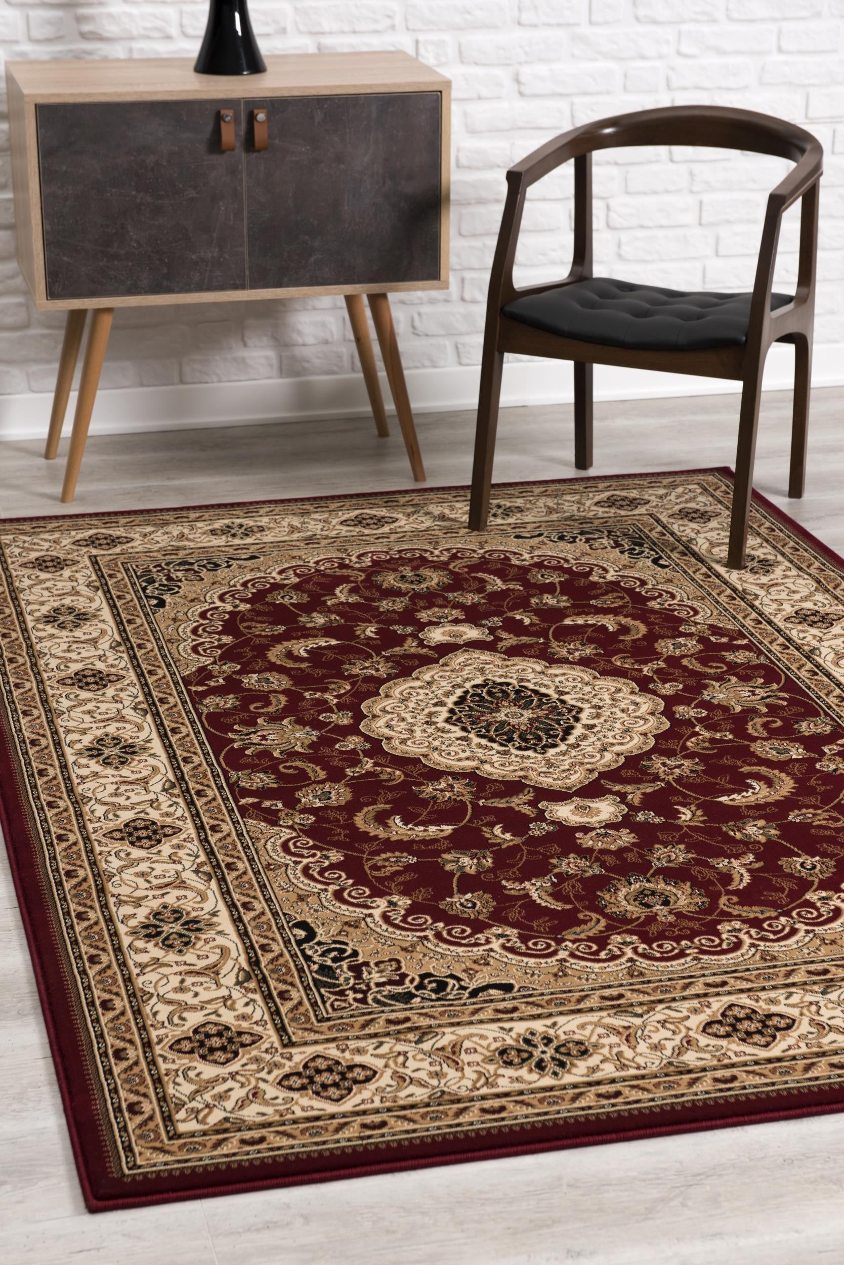 4' X 6' Red and Beige Floral Medallion Power Loom Area Rug-Area Rugs-DECOROLALA