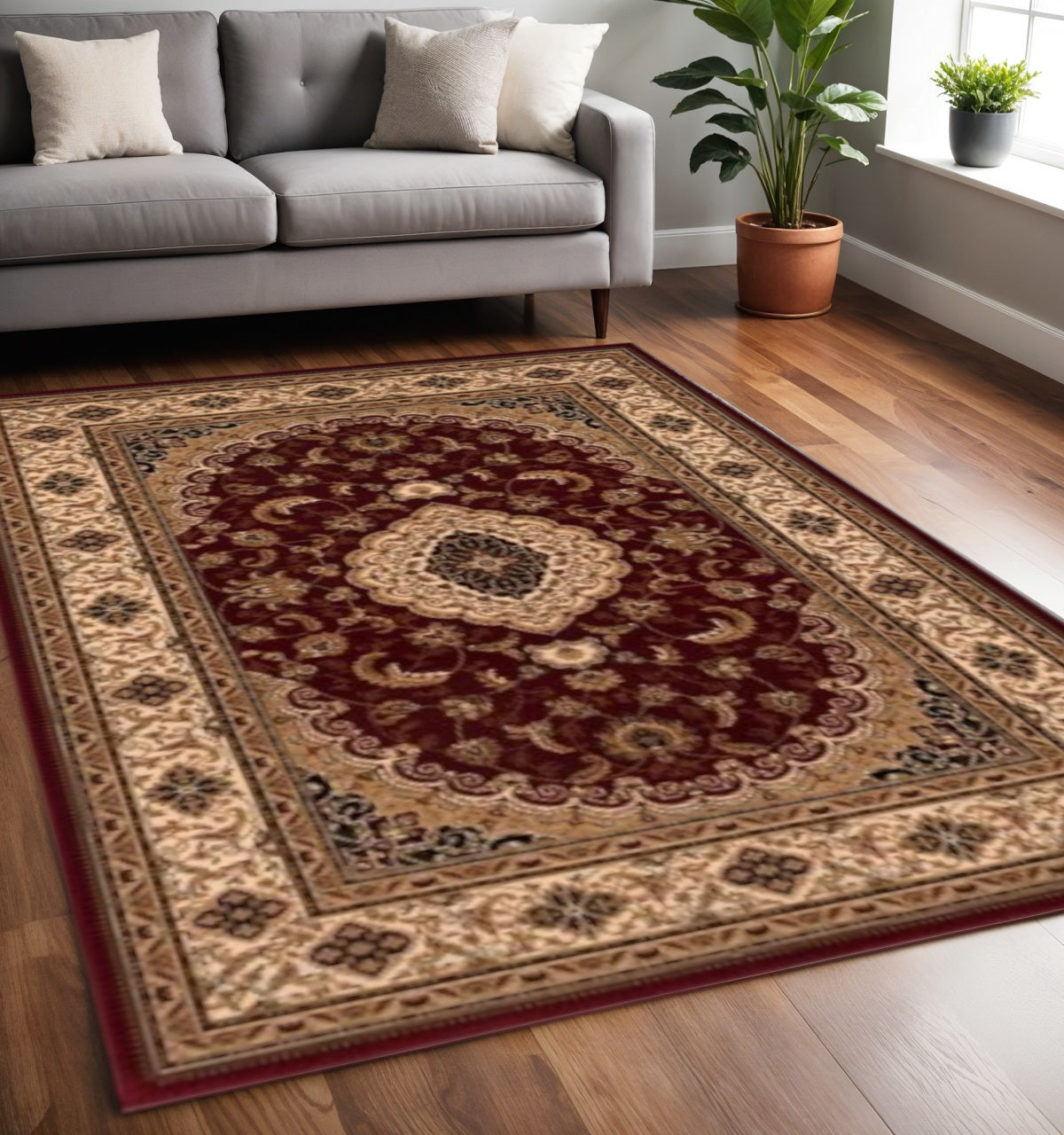 4' X 6' Red and Beige Floral Medallion Power Loom Area Rug-Area Rugs-DECOROLALA