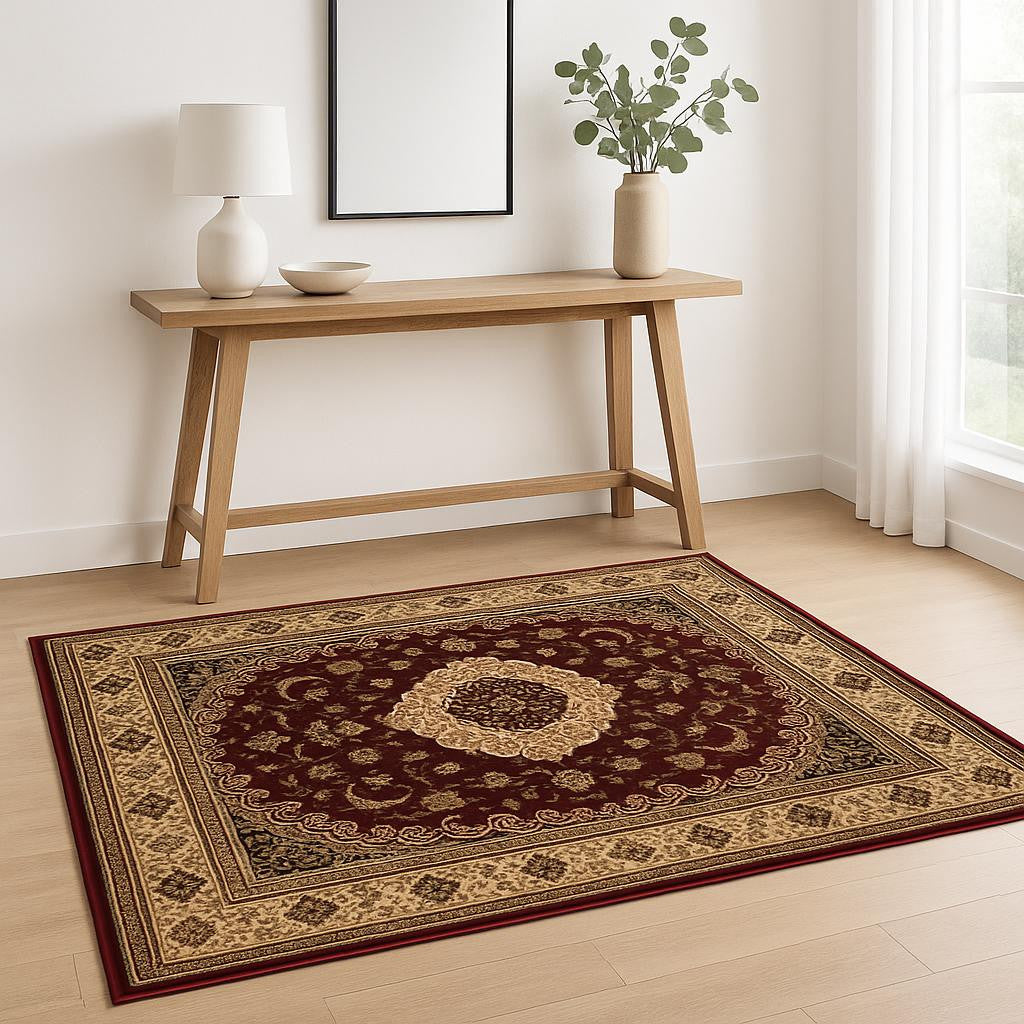 4' X 6' Red and Beige Floral Medallion Power Loom Area Rug-Area Rugs-DECOROLALA