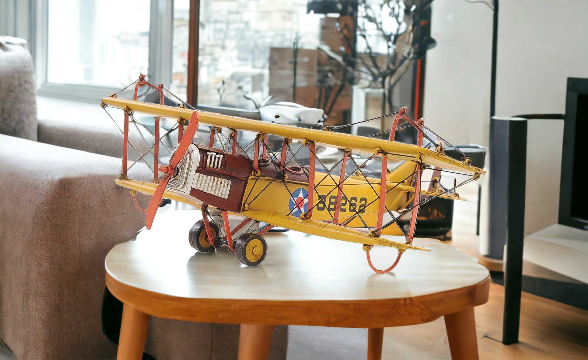 4" Yellow Metal Hand Painted Model Airplane Tabletop Sculpture-Sculptures-DECOROLALA