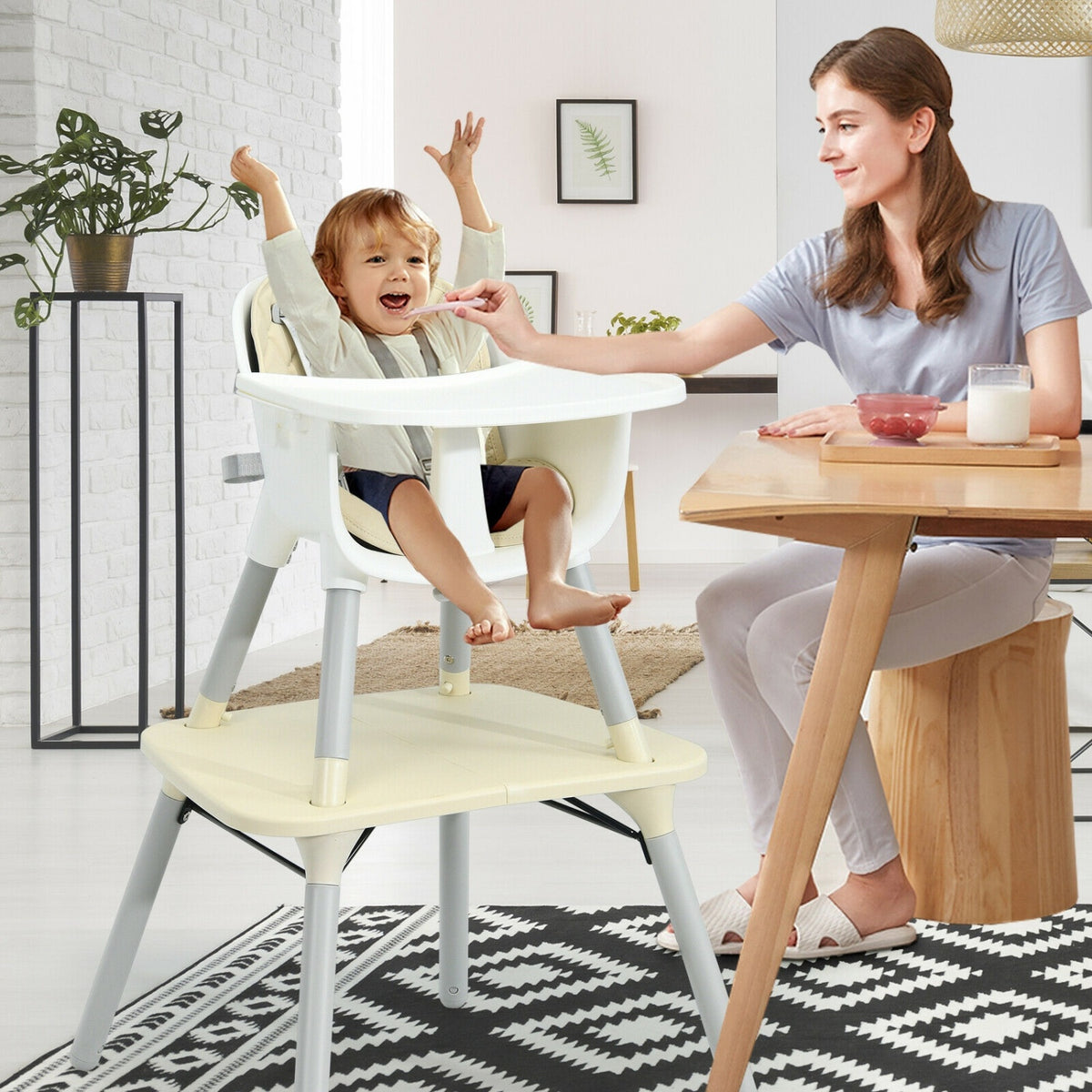 4-in-1 Baby Convertible Toddler Table Chair Set with PU Cushion-Beige-High Chairs-DECOROLALA