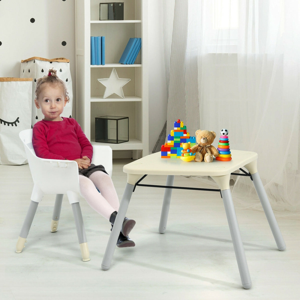 4-in-1 Baby Convertible Toddler Table Chair Set with PU Cushion-Beige-High Chairs-DECOROLALA