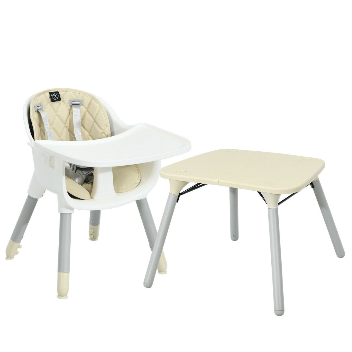 4-in-1 Baby Convertible Toddler Table Chair Set with PU Cushion-Beige-High Chairs-DECOROLALA