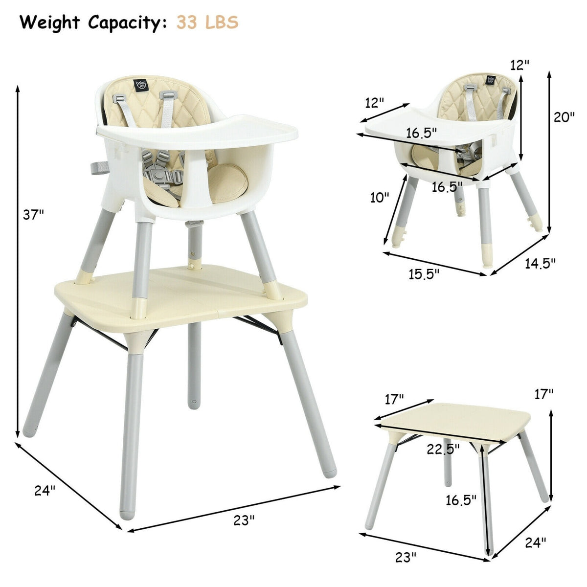 4-in-1 Baby Convertible Toddler Table Chair Set with PU Cushion-Beige-High Chairs-DECOROLALA