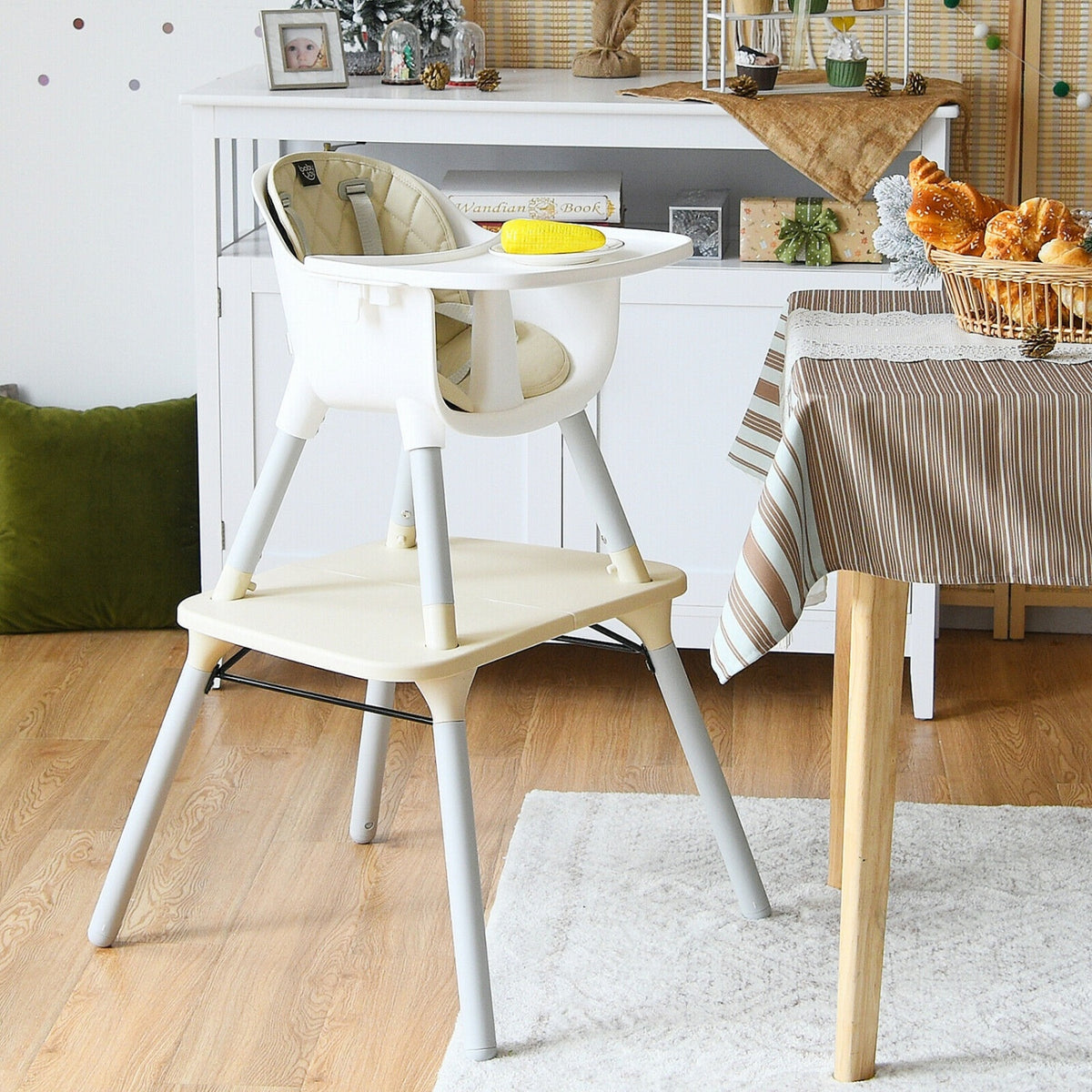 4-in-1 Baby Convertible Toddler Table Chair Set with PU Cushion-Beige-High Chairs-DECOROLALA