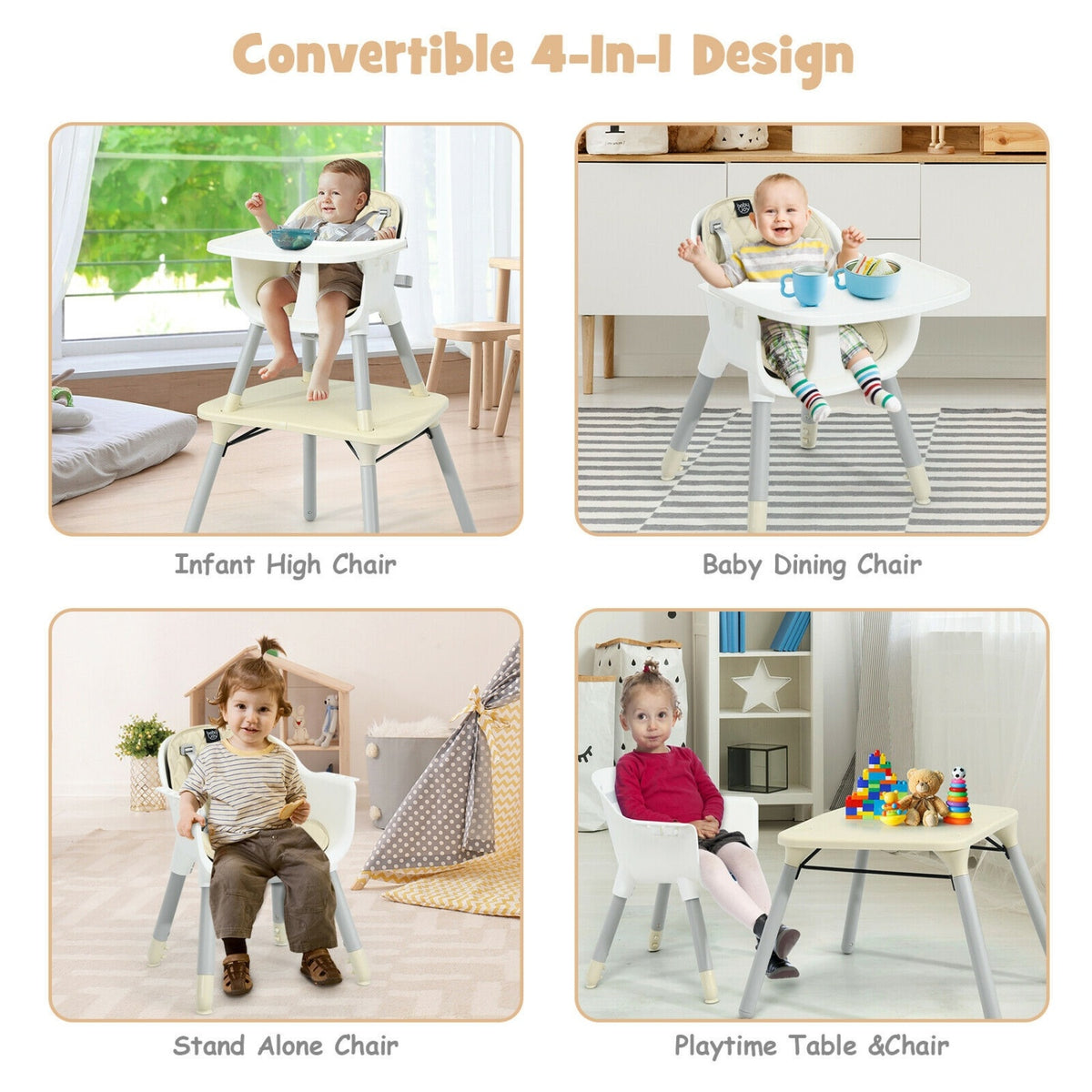 4-in-1 Baby Convertible Toddler Table Chair Set with PU Cushion-Beige-High Chairs-DECOROLALA
