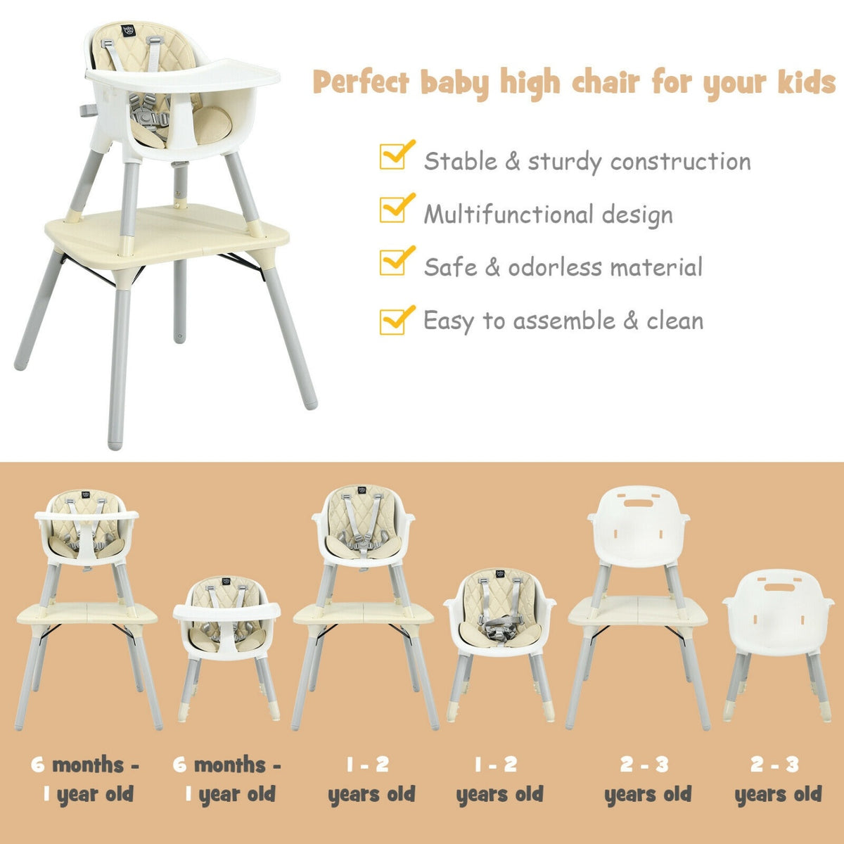 4-in-1 Baby Convertible Toddler Table Chair Set with PU Cushion-Beige-High Chairs-DECOROLALA