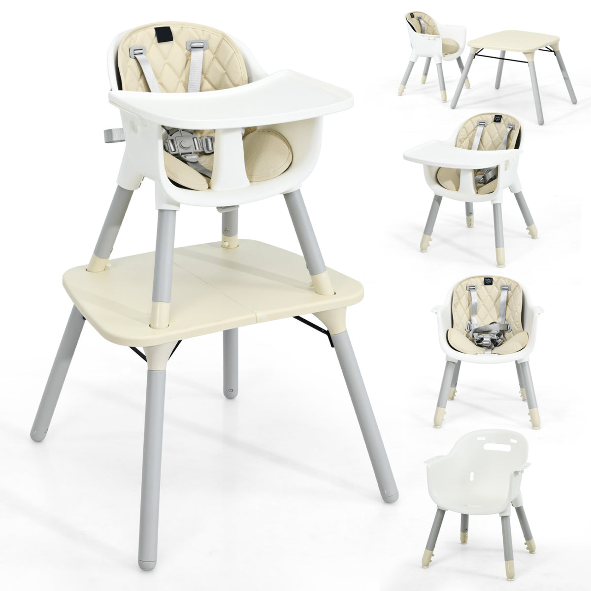 4-in-1 Baby Convertible Toddler Table Chair Set with PU Cushion-Beige-High Chairs-DECOROLALA